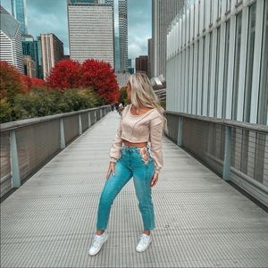 Drop Shoulder Topstitching Crop Sweatshirt